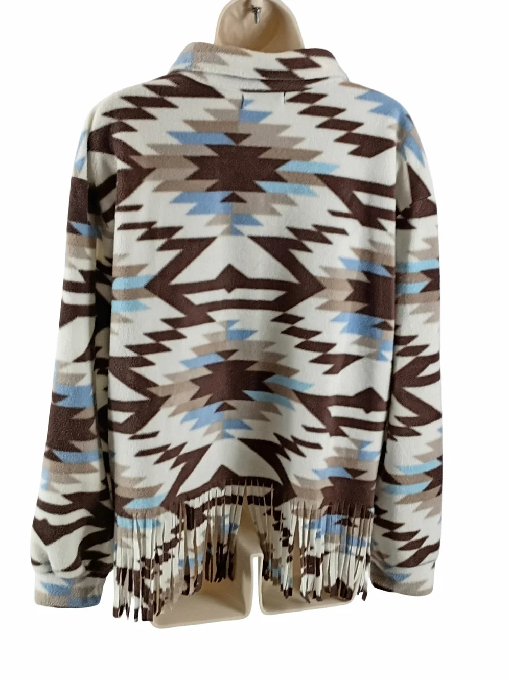 Fringed Fleece Blanket Aztec Print Shacket Jacket in Brown & Light Blue
